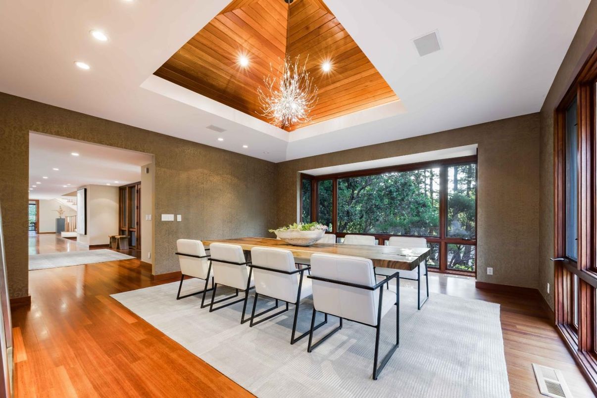 Dining room, Interior, Recessed Lighting, Wooden Ceilings, Wood Texture Flooring