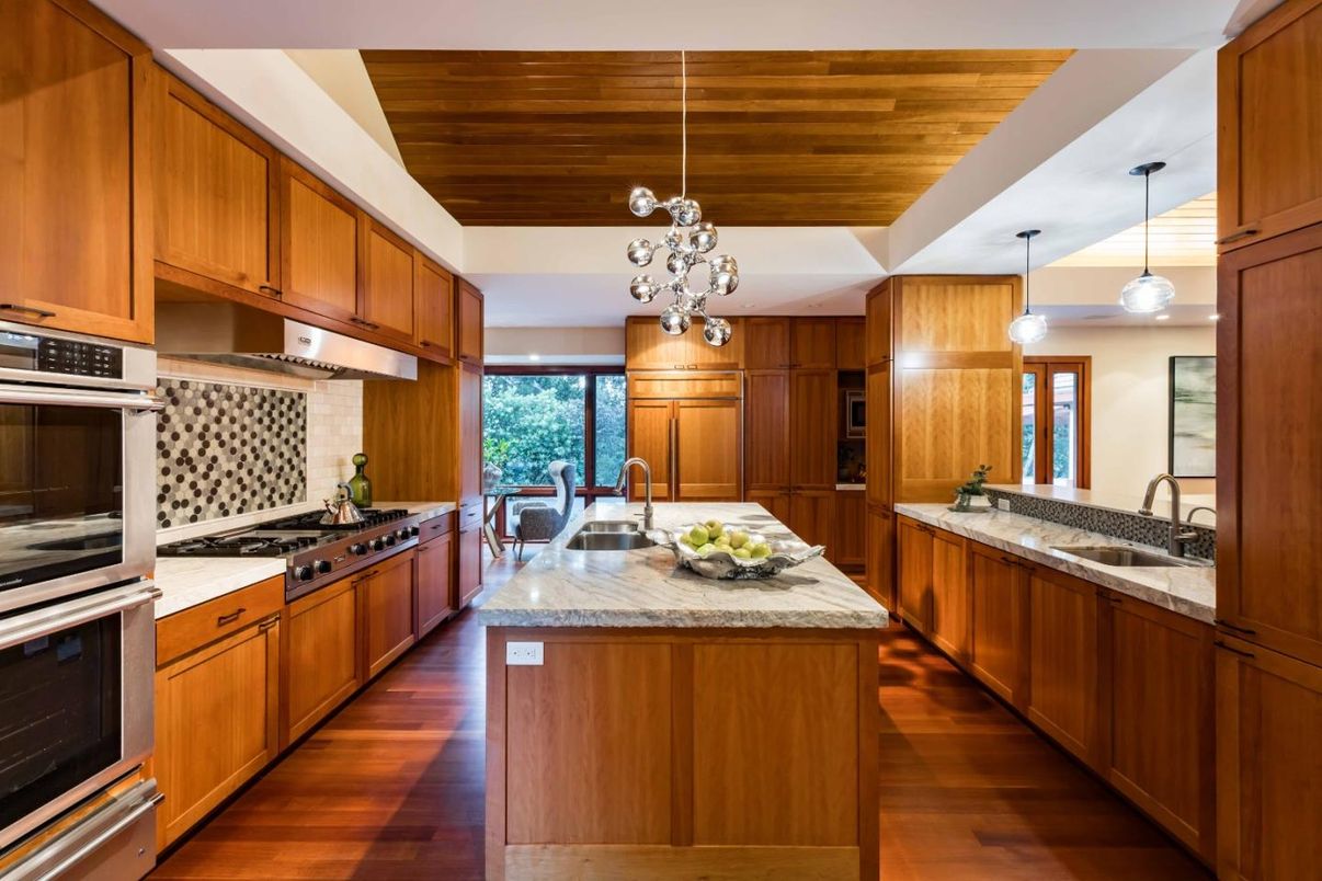 Interior, Kitchen, Pendant Lights, Stainless Steel Appliances, Wooden Ceilings, Wood Texture Flooring