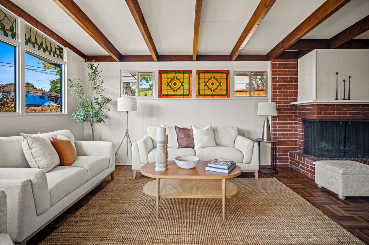 Fireplace, Interior, Living room, Stone Walls, Wooden Beams, Wood Texture Flooring