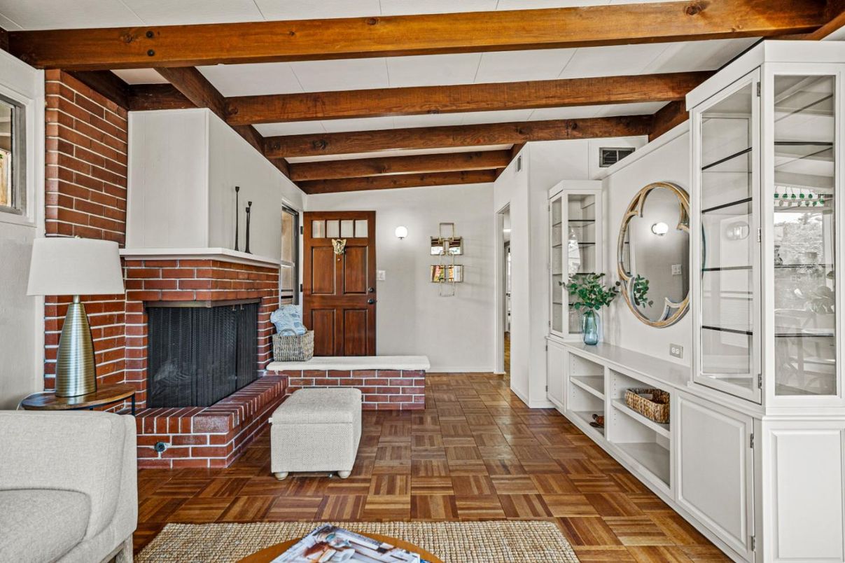 Fireplace, Interior, Stone Walls, Wooden Beams, Wood Texture Flooring