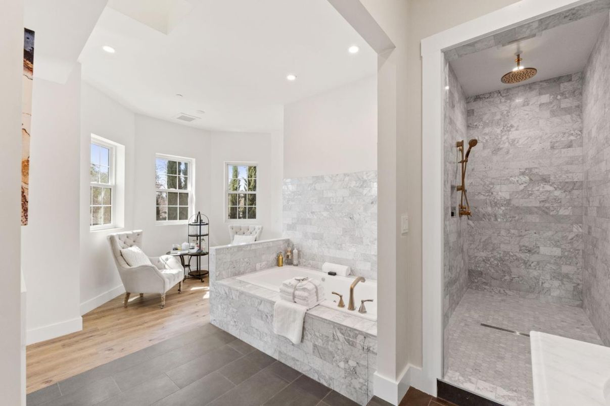 Bathroom, Interior, Living room, Marble Walls, Recessed Lighting, Wood Texture Flooring