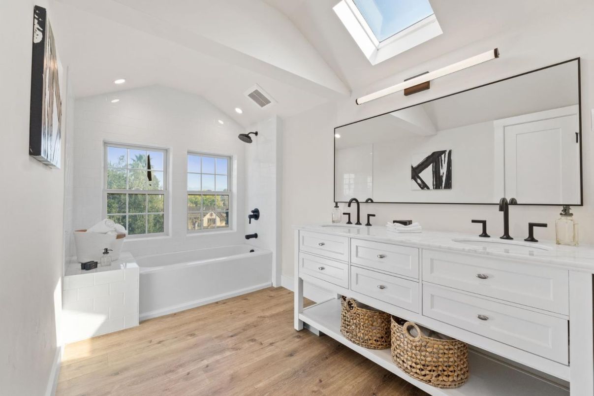 Bathroom, Dual Sink Vanities, Interior, Recessed Lighting, Wood Texture Flooring