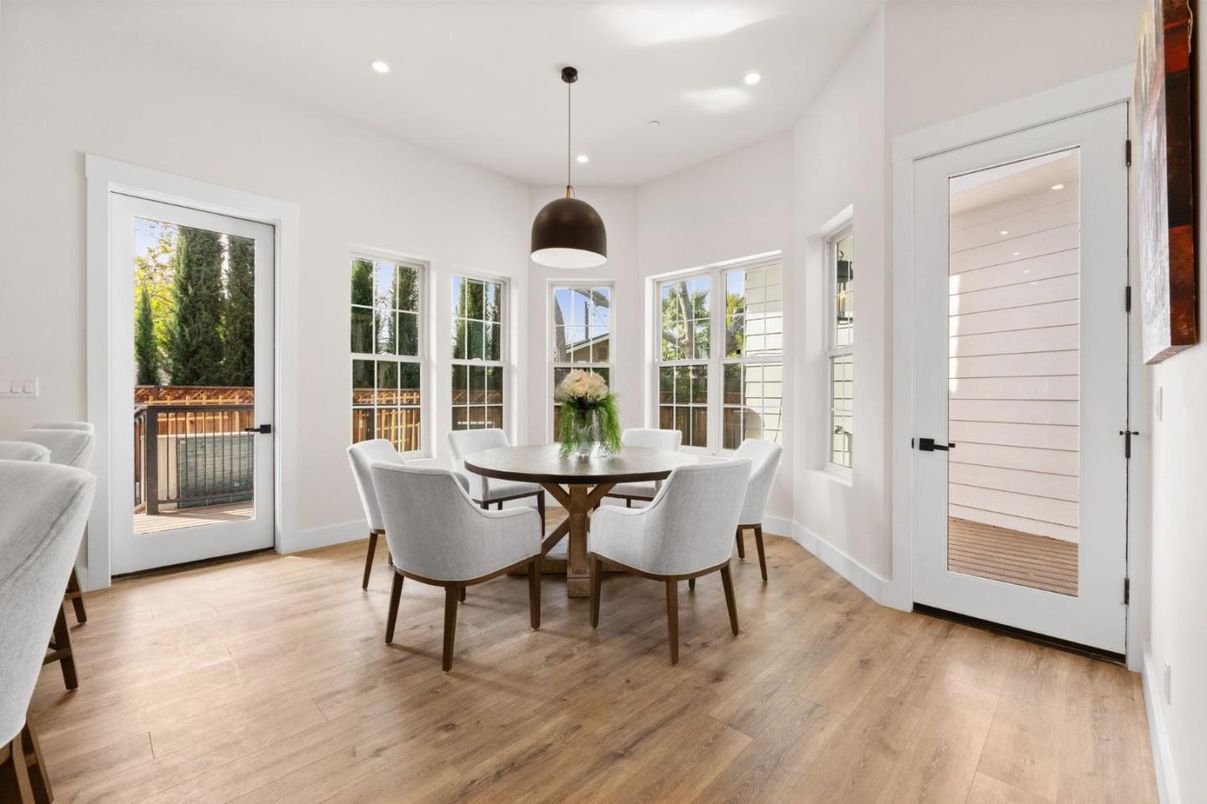 Dining room, Interior, Pendant Lights, Recessed Lighting, Wood Texture Flooring