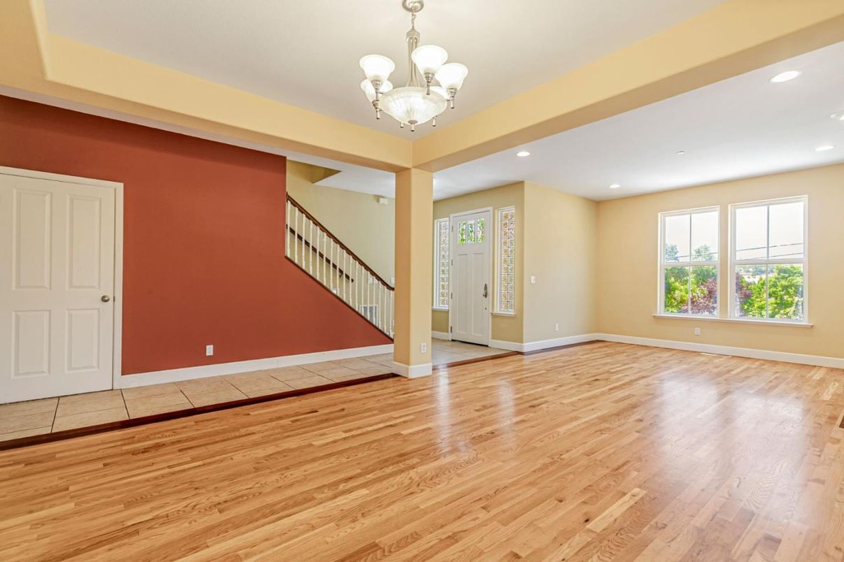 Chandelier, Empty room, Interior, Recessed Lighting, Wood Texture Flooring