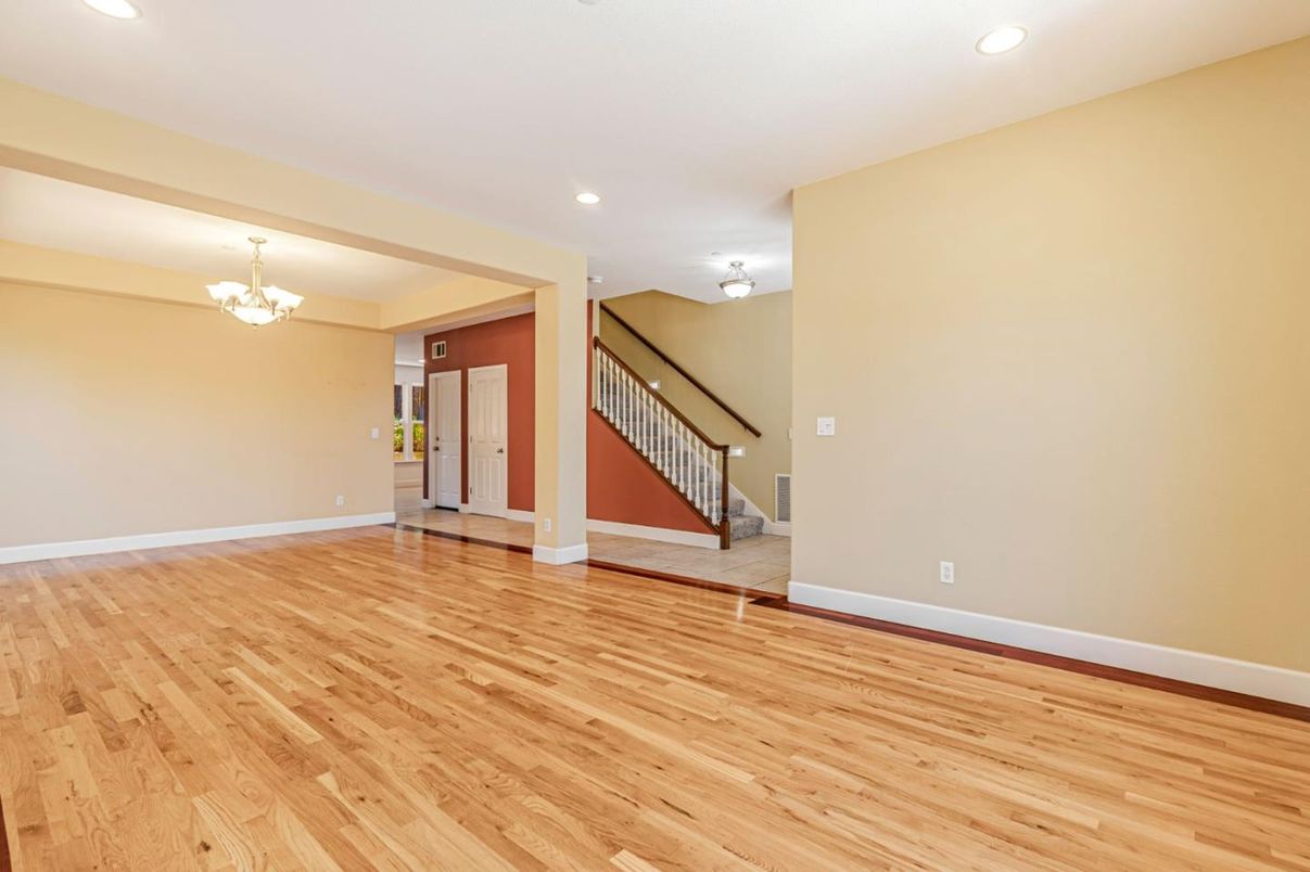 Chandelier, Empty room, Interior, Recessed Lighting, Wood Texture Flooring