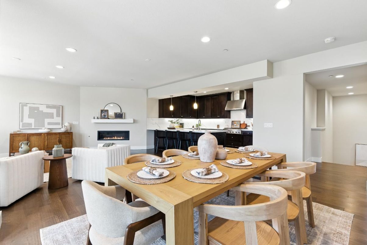 Dining room, Fireplace, Interior, Kitchen, Living room, Pendant Lights, Recessed Lighting, Wood Texture Flooring