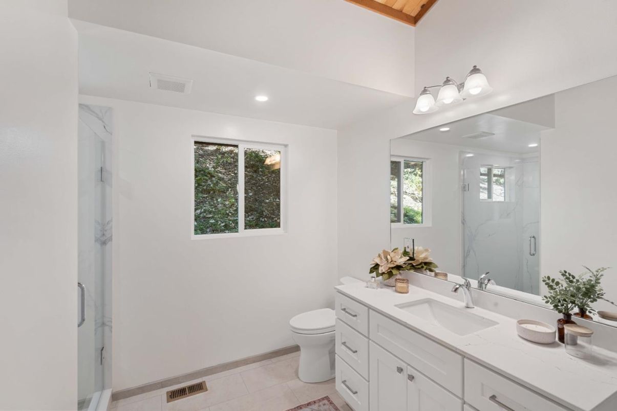 Bathroom, Dual Sink Vanities, Glass Shower, Interior, Marble Walls, Recessed Lighting