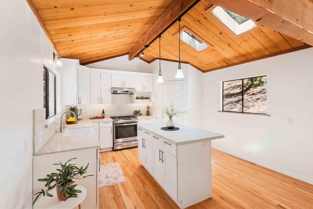 Interior, Kitchen, Pendant Lights, Stainless Steel Appliances, Wooden Beams, Wooden Ceilings, Wood Texture Flooring