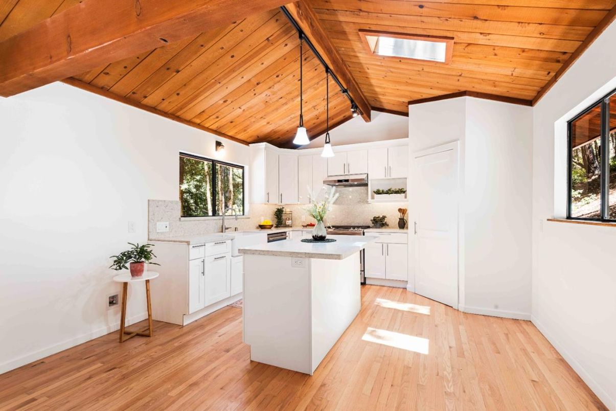 Interior, Kitchen, Pendant Lights, Wooden Ceilings, Wood Texture Flooring