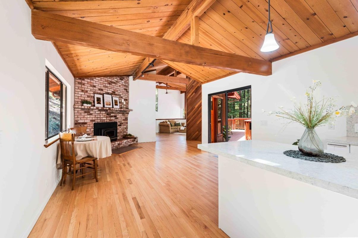 Fireplace, Interior, Pendant Lights, Stone Walls, Wooden Beams, Wooden Ceilings, Wood Texture Flooring