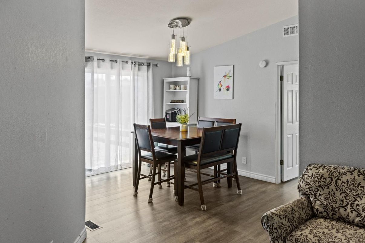 Dining room, Interior, Pendant Lights, Wood Texture Flooring