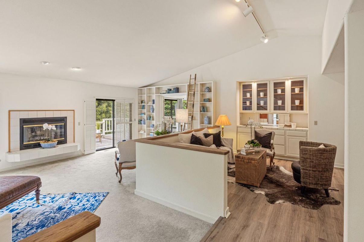 Fireplace, Interior, Living room, Recessed Lighting, Wood Texture Flooring