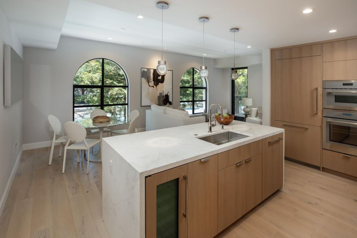 Dining room, Interior, Kitchen, Living room, Pendant Lights, Recessed Lighting, Stainless Steel Appliances, Wood Texture Flooring