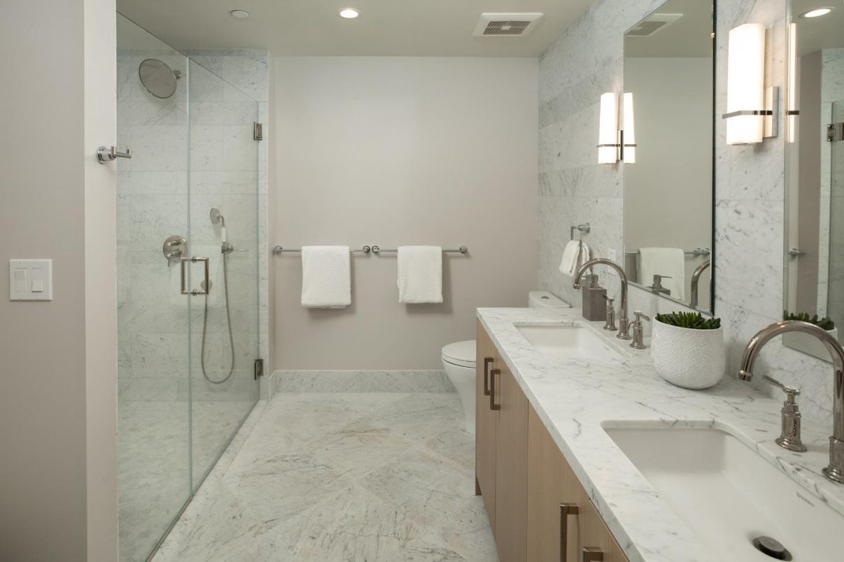 Bathroom, Dual Sink Vanities, Glass Shower, Interior, Marble, Marble Walls, Recessed Lighting