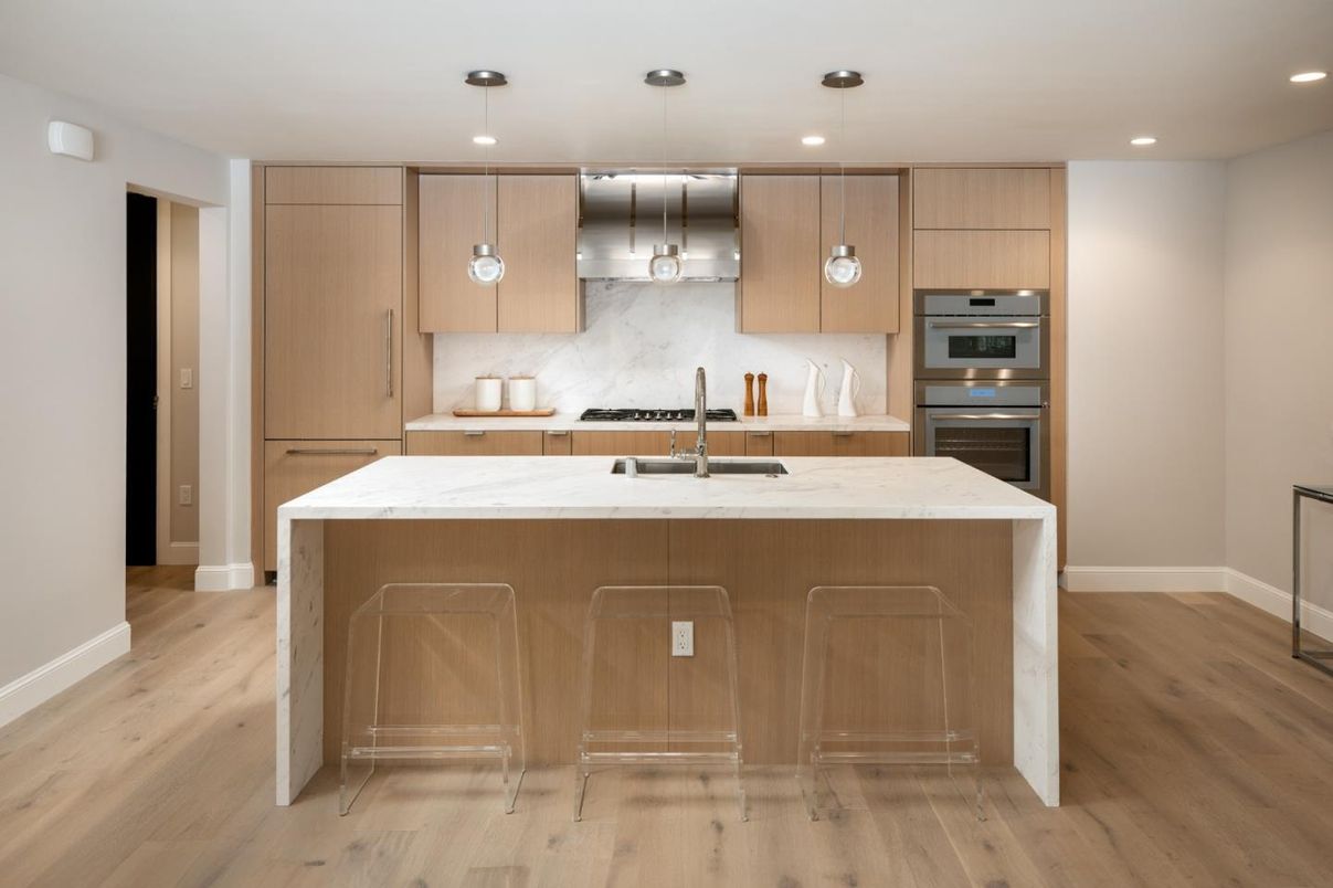 Interior, Kitchen, Pendant Lights, Recessed Lighting, Stainless Steel Appliances, Wood Texture Flooring