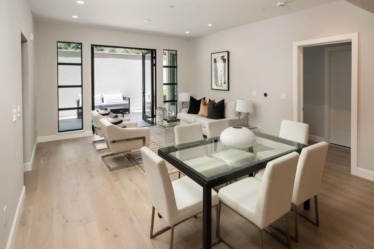 Dining room, Interior, Living room, Recessed Lighting, Wood Texture Flooring