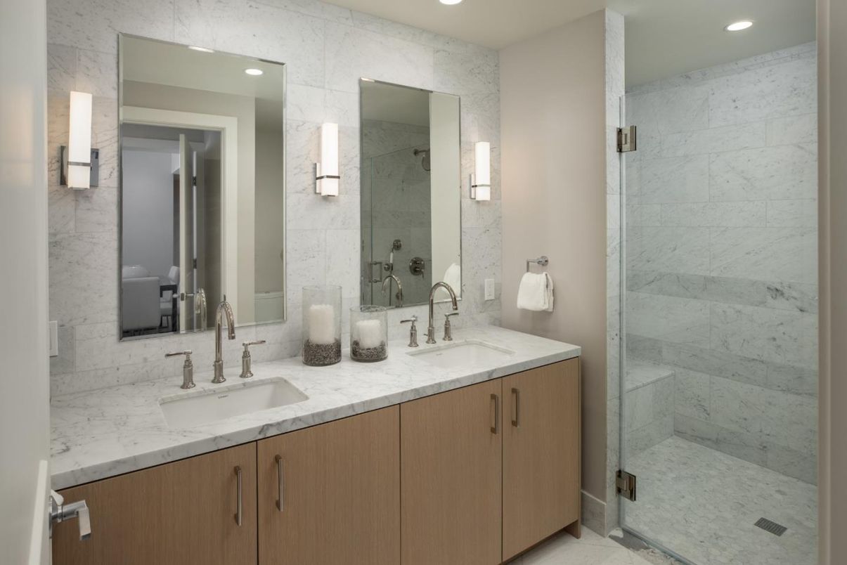 Bathroom, Dual Sink Vanities, Glass Shower, Interior, Marble Walls, Recessed Lighting
