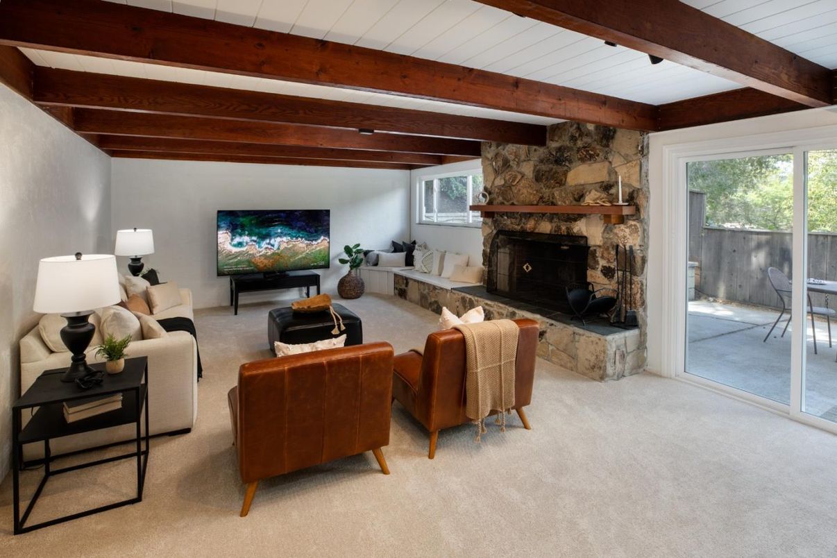 Fireplace, Interior, Living room, Stone Walls, Wooden Beams