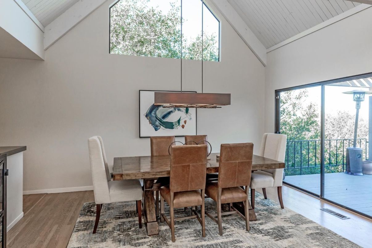 Dining room, Interior, Pendant Lights, Wood Texture Flooring