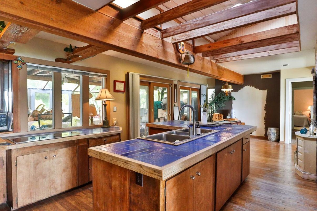 Interior, Kitchen, Tile Countertops, Wooden Beams, Wood Texture Flooring