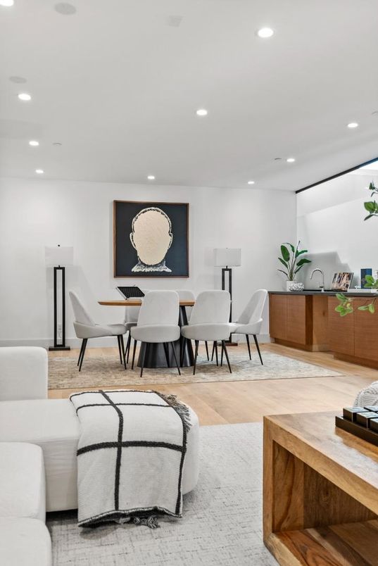 Dining room, Interior, Recessed Lighting, Wood Texture Flooring
