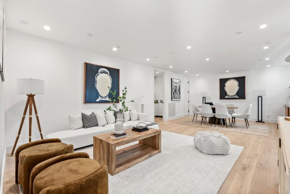 Dining room, Interior, Living room, Recessed Lighting, Wood Texture Flooring