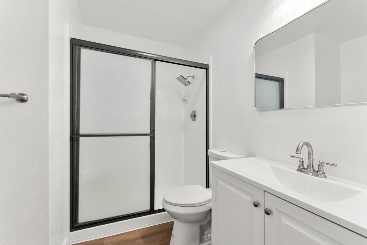 Bathroom, Glass Shower, Interior, Wood Texture Flooring