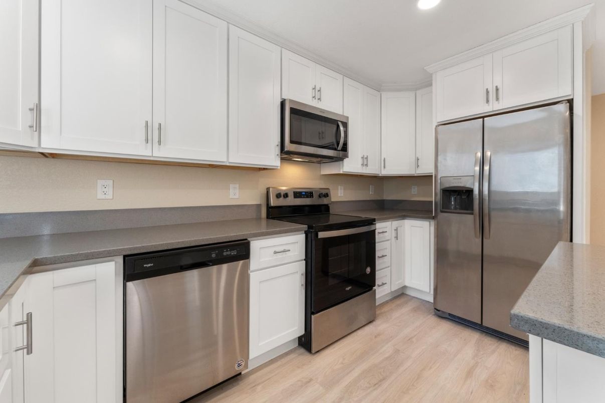 Interior, Kitchen, Recessed Lighting, Stainless Steel Appliances, Wood Texture Flooring