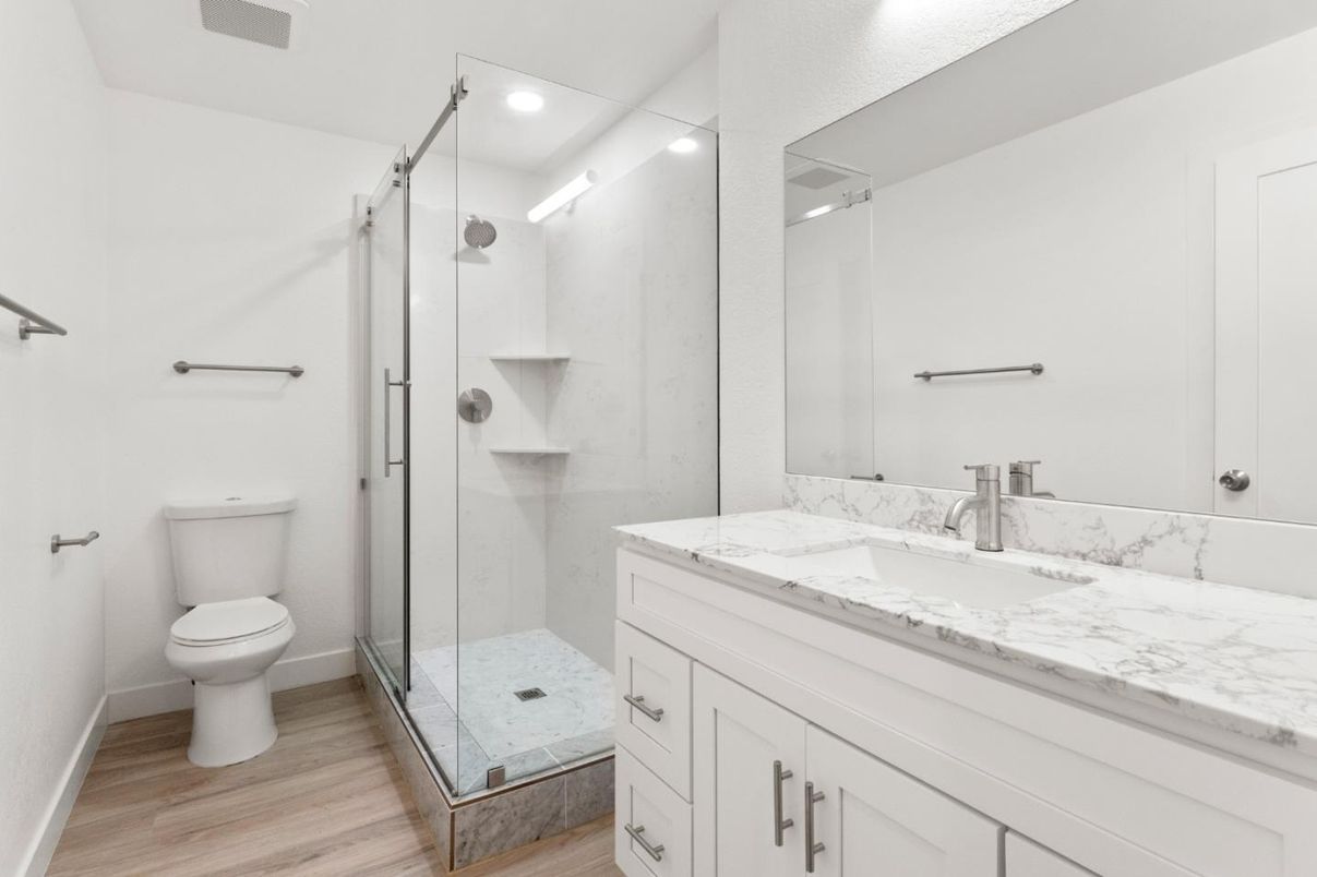 Bathroom, Glass Shower, Interior, Recessed Lighting, Wood Texture Flooring