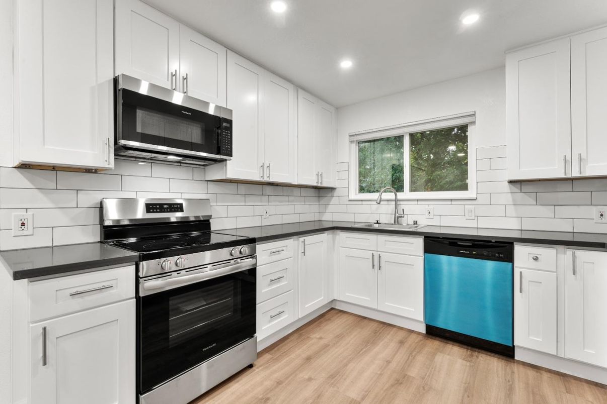 Interior, Kitchen, Recessed Lighting, Stainless Steel Appliances, Wood Texture Flooring