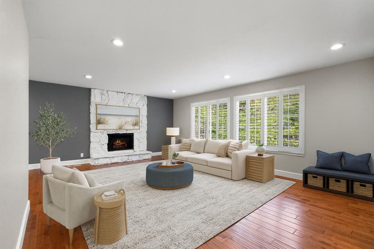 Fireplace, Interior, Living room, Marble Walls, Recessed Lighting, Wood Texture Flooring
