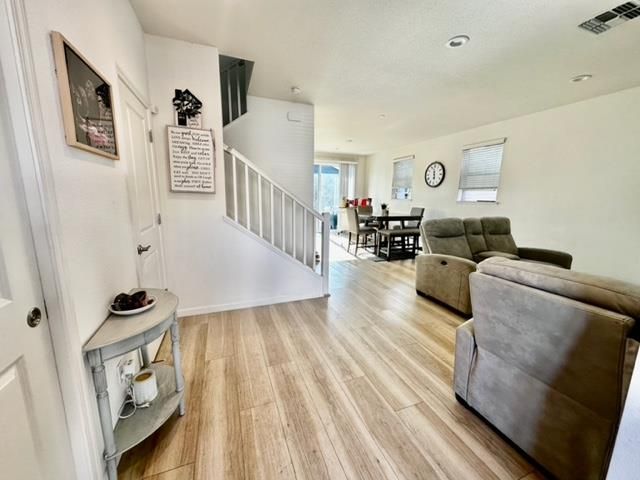 Dining room, Interior, Living room, Recessed Lighting, Wood Texture Flooring