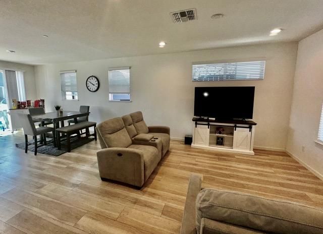 Dining room, Interior, Living room, Recessed Lighting, Wood Texture Flooring
