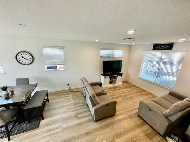 Dining room, Interior, Living room, Recessed Lighting, Wood Texture Flooring