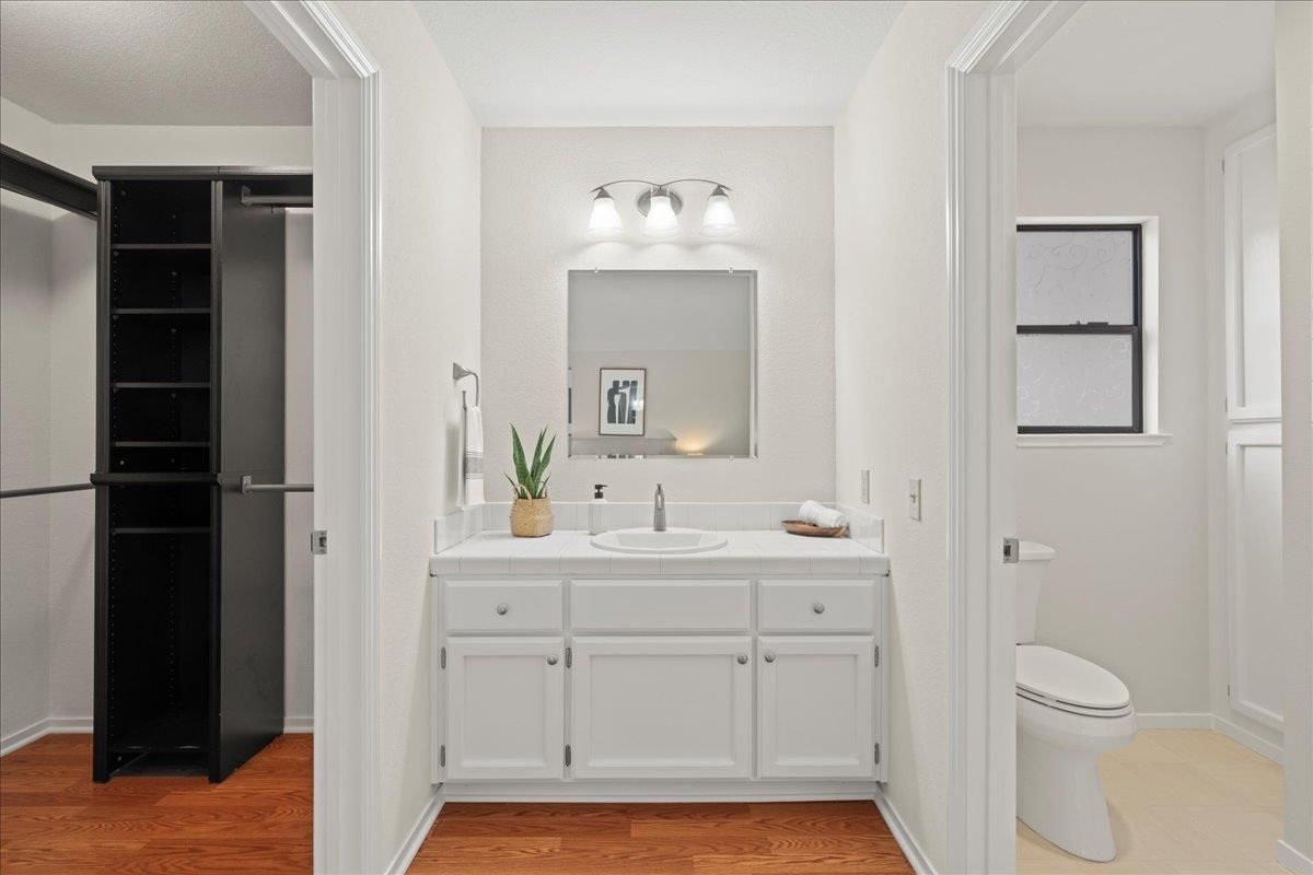 Bathroom, Interior, Tile Countertops, Wood Texture Flooring