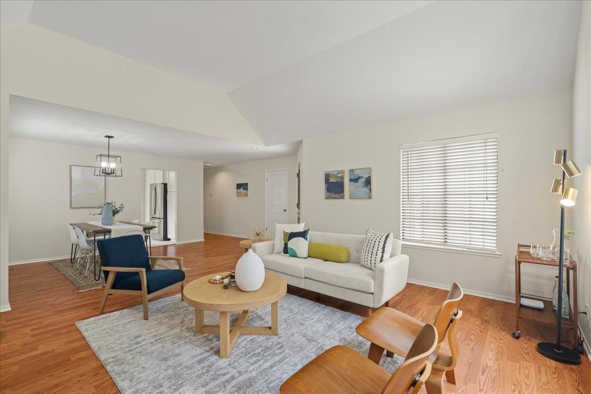 Dining room, Interior, Living room, Pendant Lights, Wood Texture Flooring