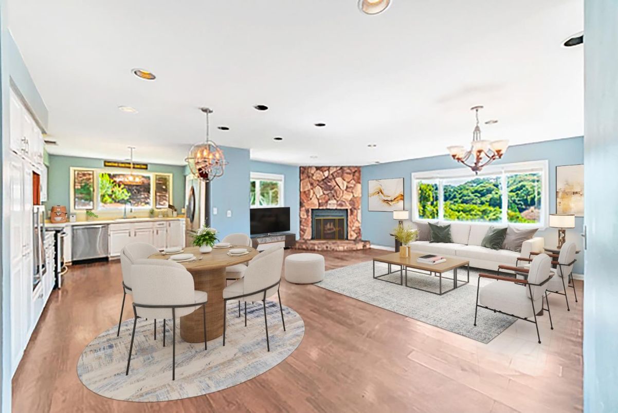Chandelier, Dining room, Fireplace, Interior, Kitchen, Living room, Pendant Lights, Recessed Lighting, Wood Texture Flooring