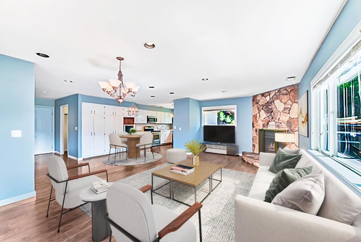 Chandelier, Dining room, Fireplace, Interior, Kitchen, Living room, Recessed Lighting, Stone Walls, Wood Texture Flooring