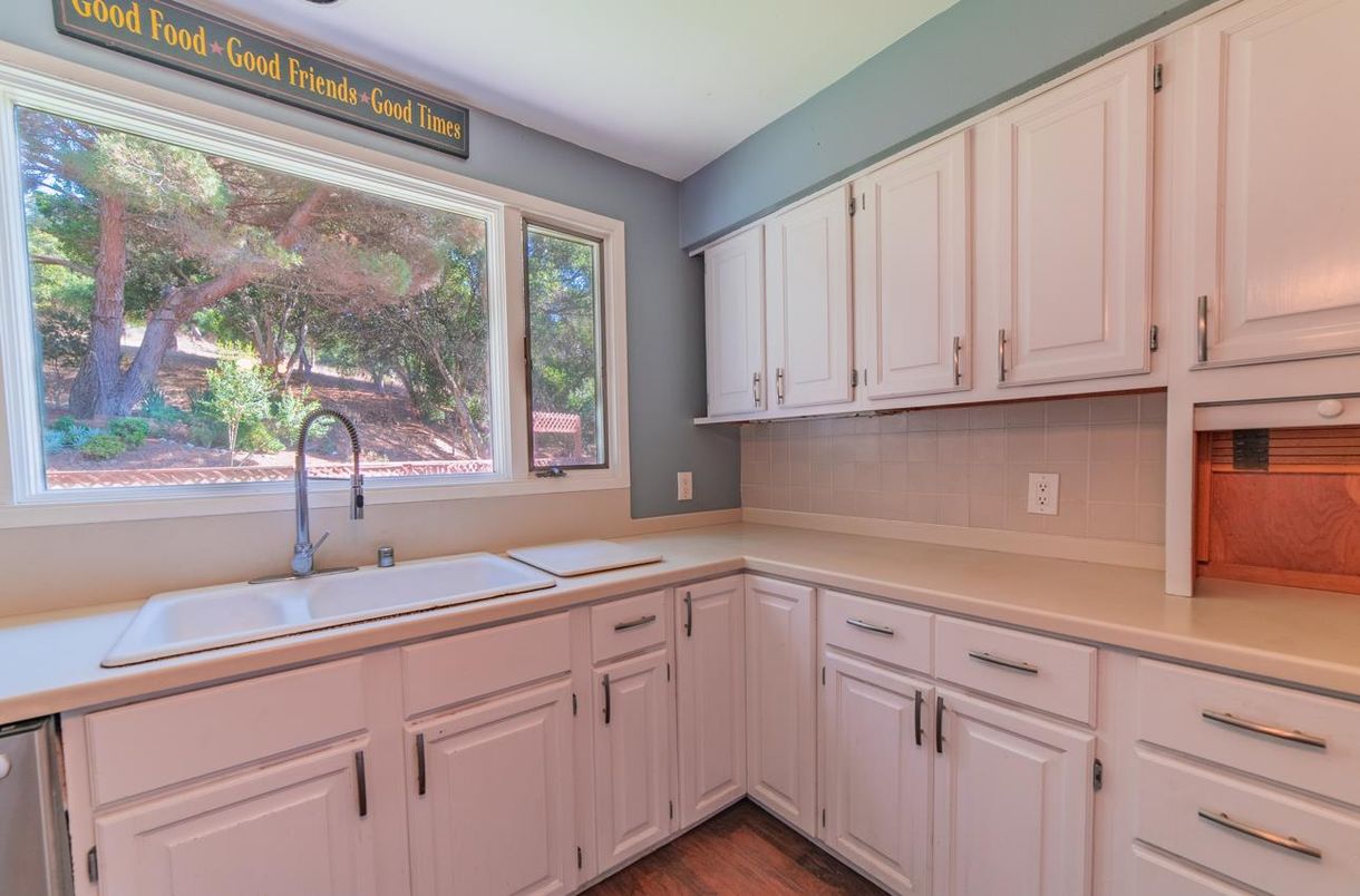 Interior, Kitchen, Tile Countertops, Wood Texture Flooring