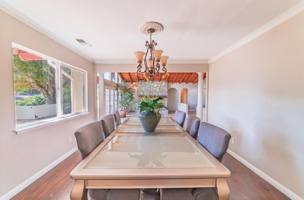 Chandelier, Dining room, Interior, Wood Texture Flooring