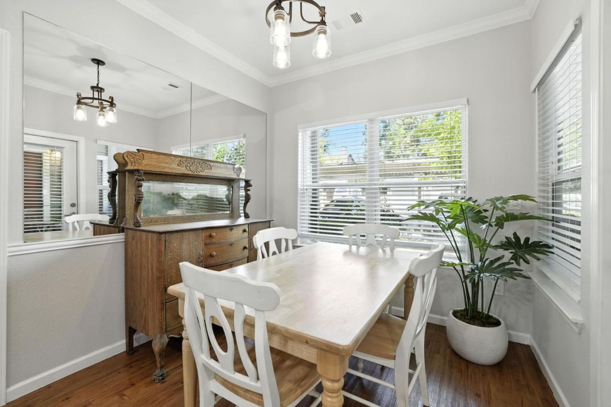 Dining room, Interior, Pendant Lights, Wood Texture Flooring