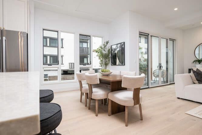 Dining room, Interior, Recessed Lighting, Wood Texture Flooring