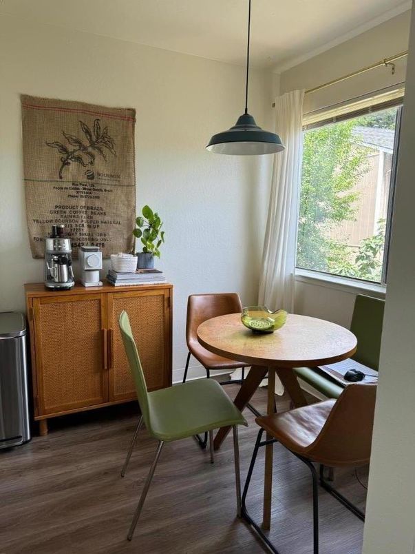 Dining room, Interior, Pendant Lights, Wood Texture Flooring