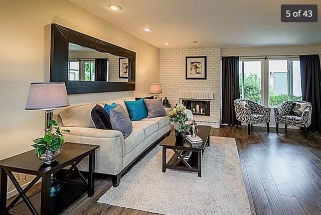 Fireplace, Interior, Living room, Recessed Lighting, Stone Walls, Wood Texture Flooring
