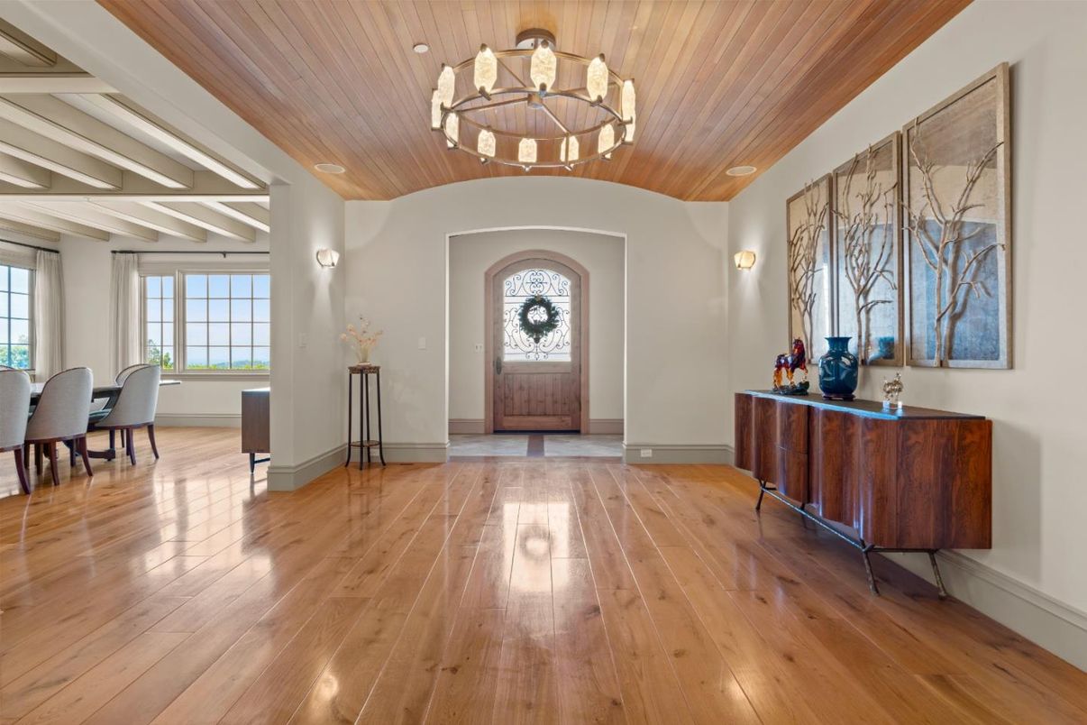 Chandelier, Dining room, Interior, Wooden Ceilings, Wood Texture Flooring