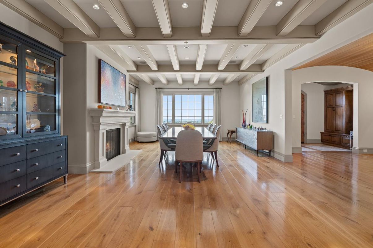 Dining room, Fireplace, Interior, Recessed Lighting, Wooden Beams, Wood Texture Flooring