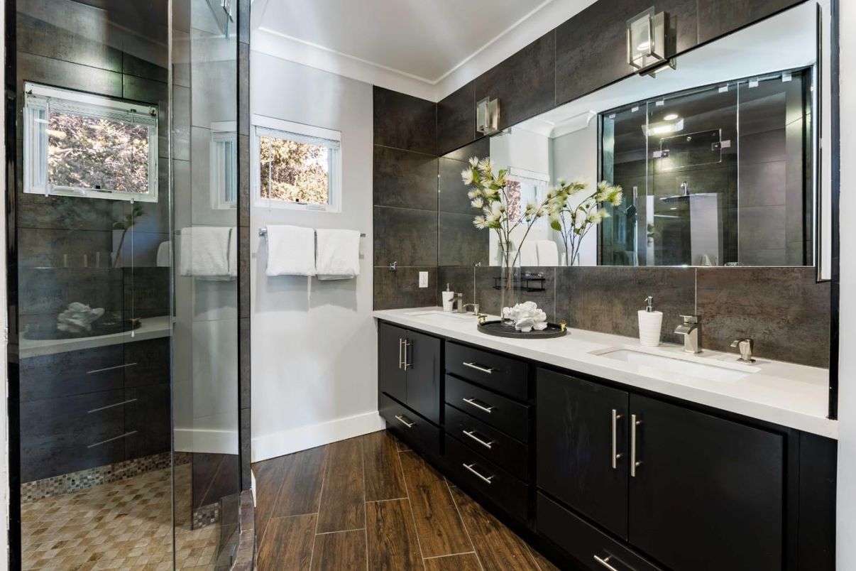 Bathroom, Dual Sink Vanities, Glass Shower, Interior, Wood Texture Flooring