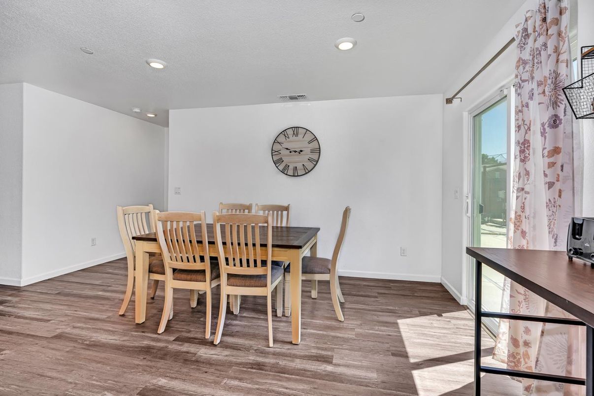 Dining room, Interior, Recessed Lighting, Wood Texture Flooring