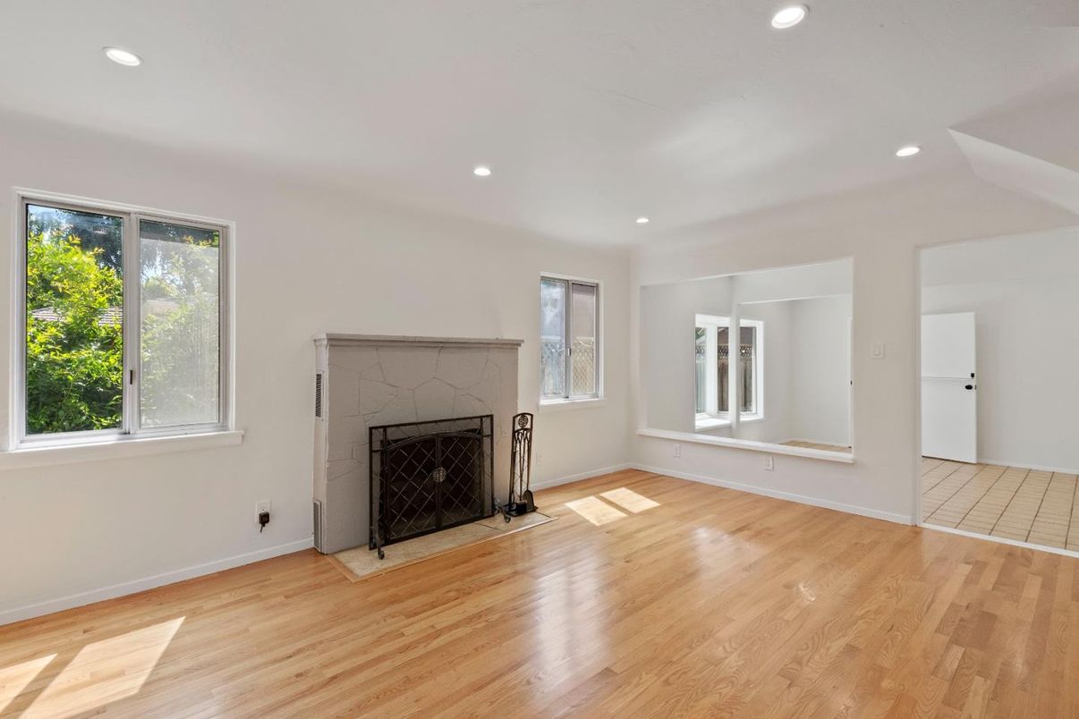 Empty room, Fireplace, Interior, Recessed Lighting, Wood Texture Flooring