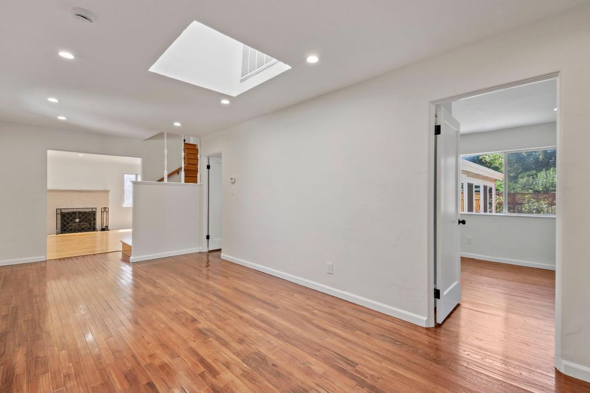 Empty room, Fireplace, Interior, Recessed Lighting, Wood Texture Flooring